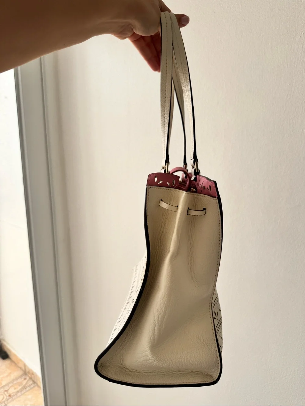 kate spade Cream Tote with Pink Interior and Tassel Detail